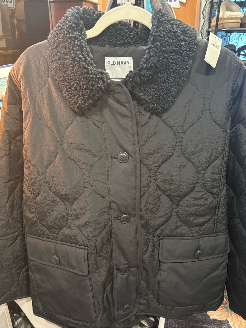 NWT Old Navy Black Quilted Puffer Jacket with Sherpa Collar SZ L